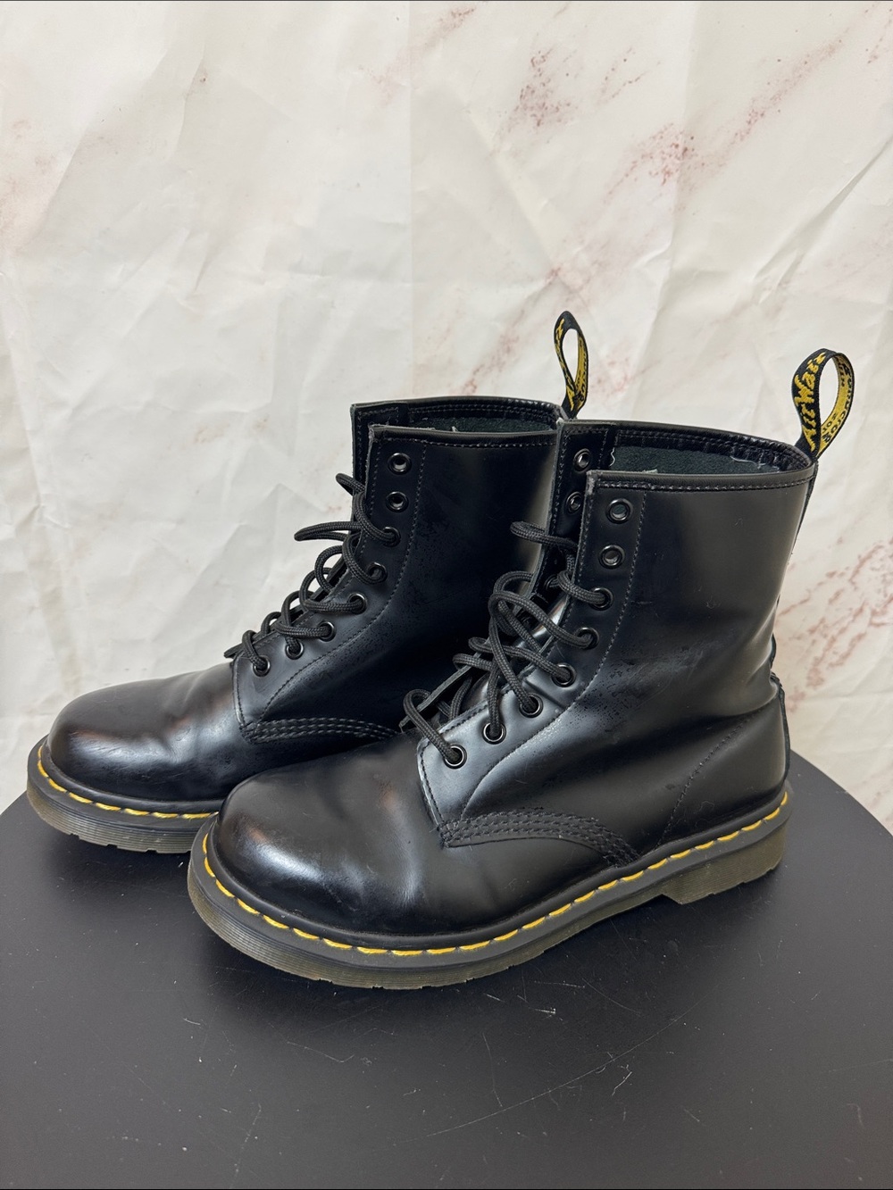 Dr. Martens Black Leather Boots with Yellow Stitching